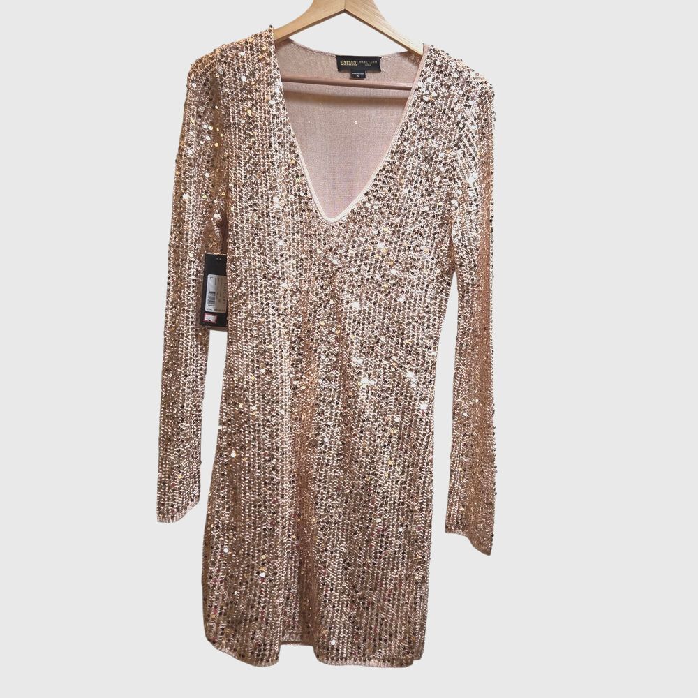 Gatsby Marciano by Guess Sequin Sweater Dress L Beige Peach Metallic Glam